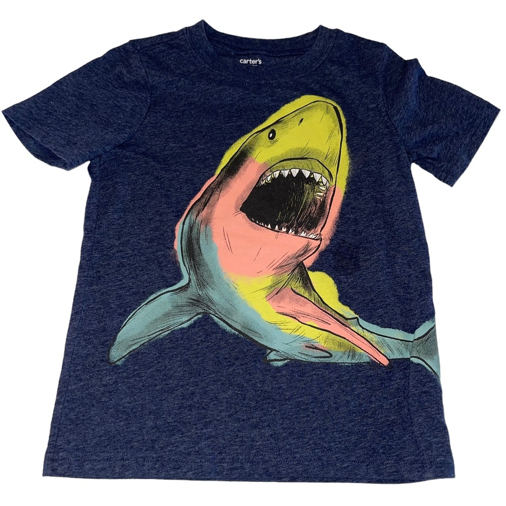 Carter's Boys Navy Blue Multicolor Shark‎ Shirt Size 7 EUC